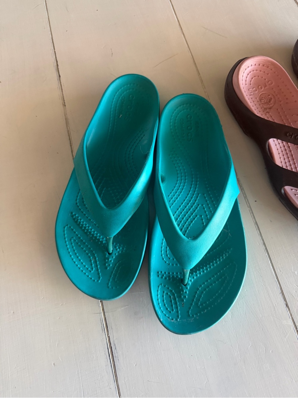 CROCS Teal Flip Flops and Black/Pink Slide Sandals Bundle - Picture 2 of 5